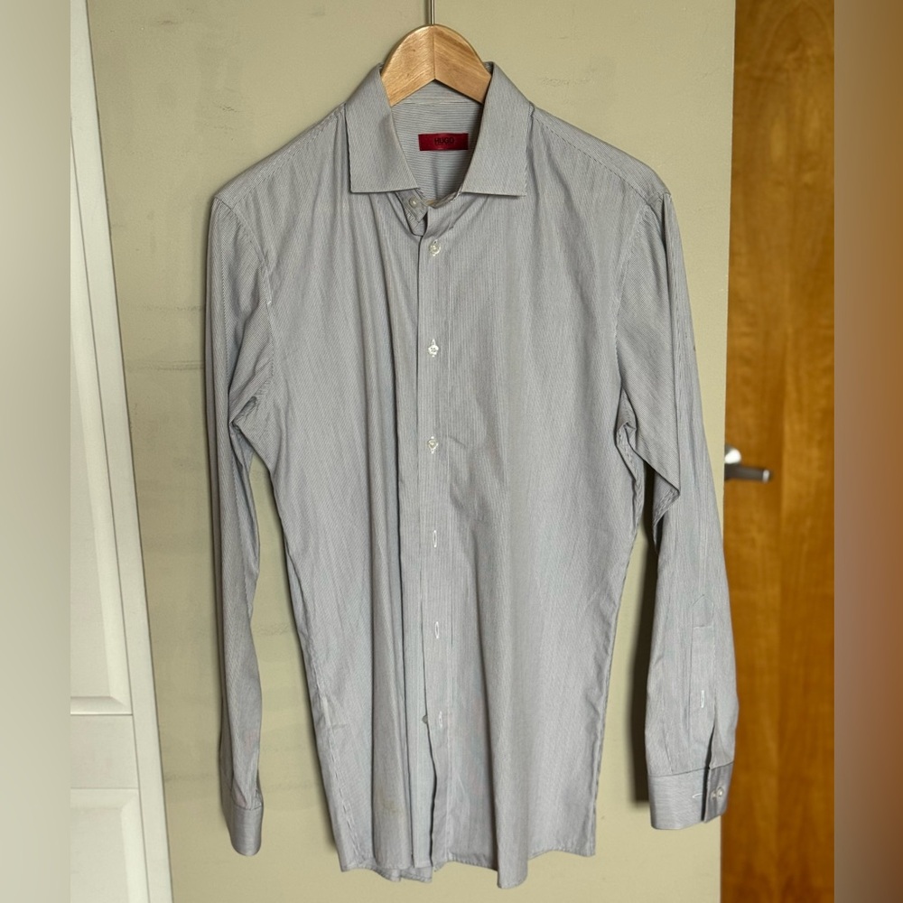 HUGO Men's Light Gray Striped Dress Shirt